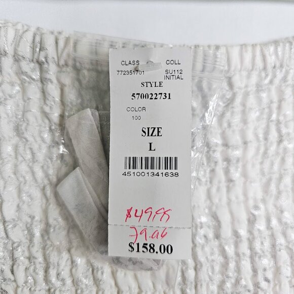 NWT WHITE HOUSE BLACK MARKET Midi Dress WHITE w SILVER Floral size L Smocked - Picture 5 of 11